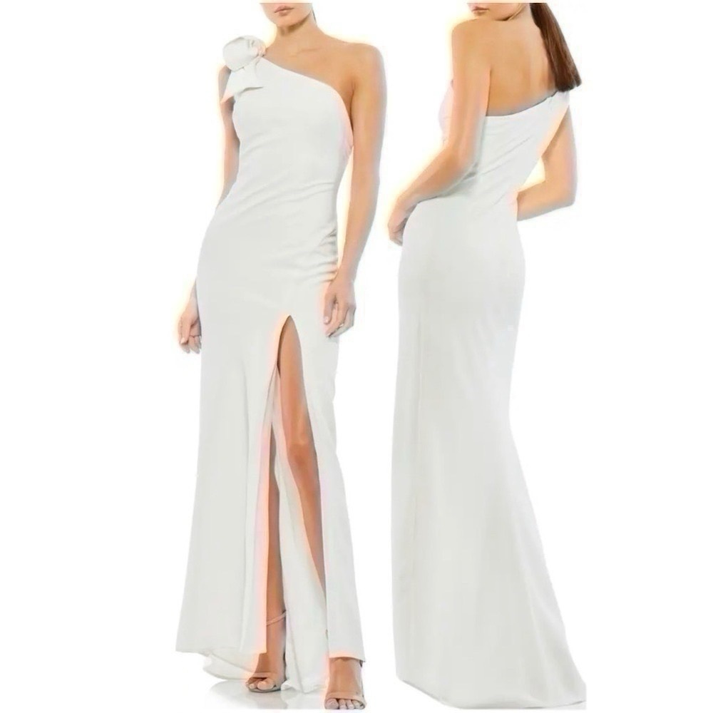 Mac Duggal leena Bow-Shoulder Jersey Sheath Gown White